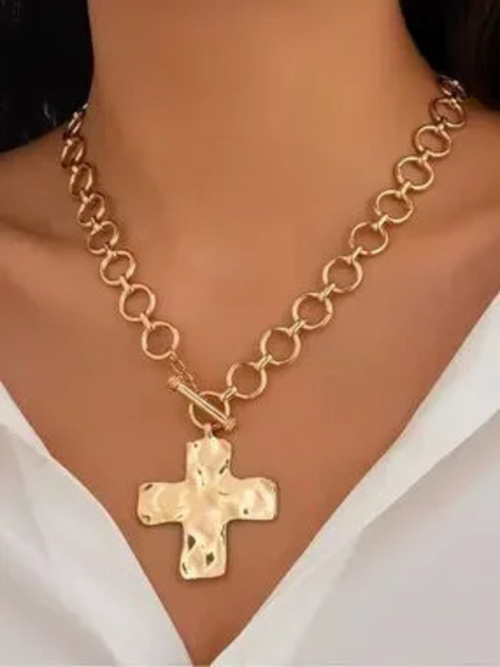 Gold Hammered Cross Pendant Necklace - Women Jewelry